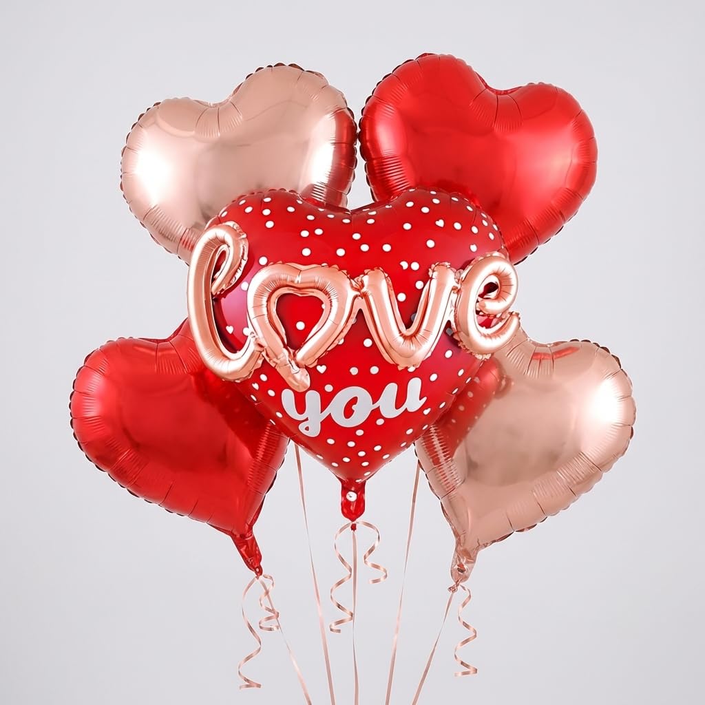 Self Sealing Heart Balloons Set - 5pcs Rose Gold & Red Foil Balloons for Valentine's Day, Wedding, Anniversary - 18" & 26" Romantic Party Decorations with "LOVE YOU" Print