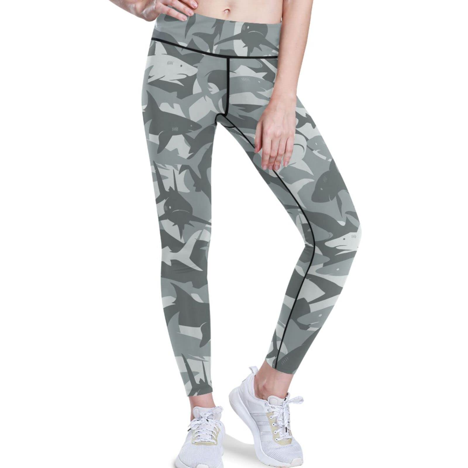 visesunny High Waist Yoga Pants with Pockets Grey Shark Danger Shark Tummy Control Workout Running Yoga Leggings for Women