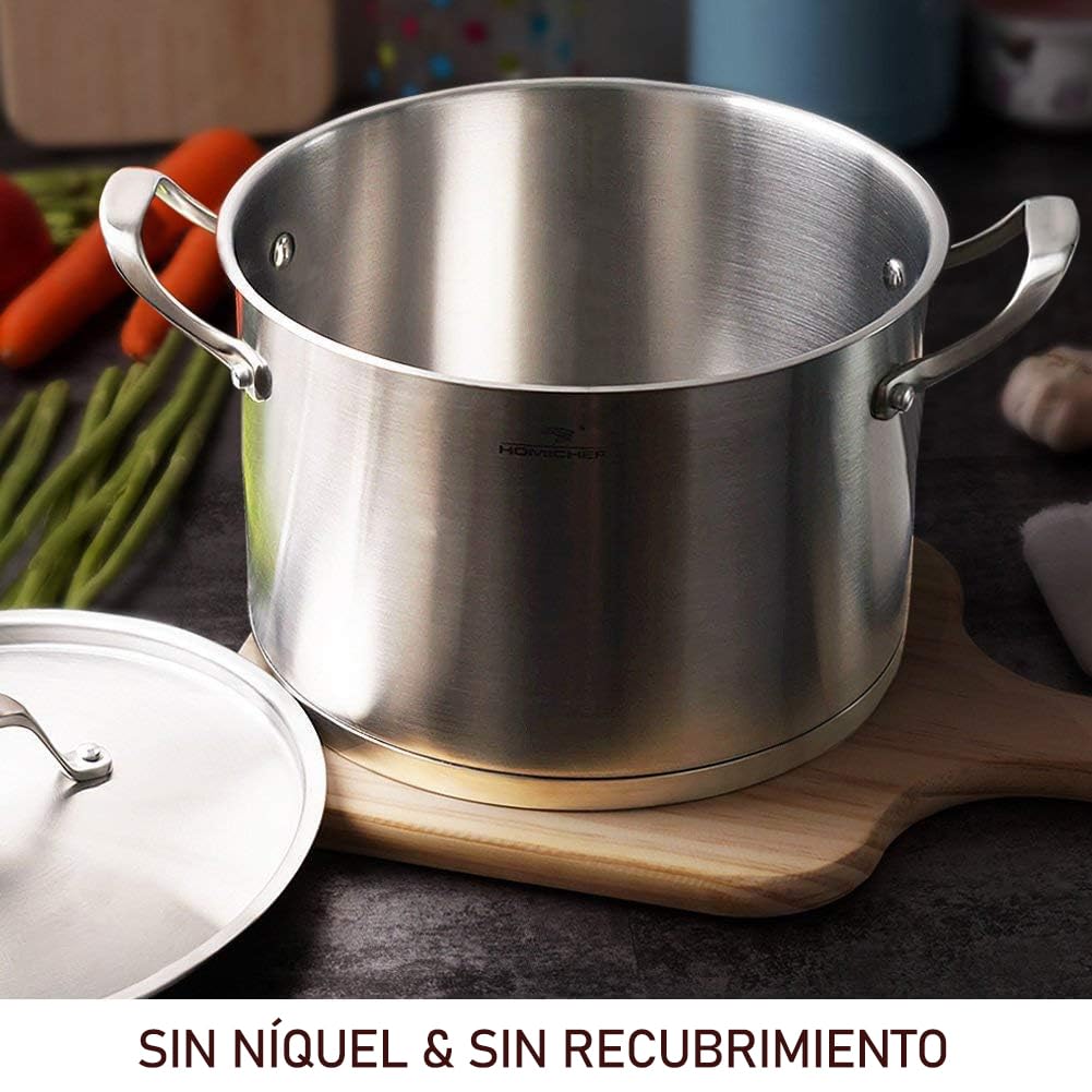 HOMICHEF Olla de acero inoxidable resistente ecológica y sin níquel con tapa (24 cm, 7,5 litros) - Olla de inducción de 7,5 l con acabado pulido mate