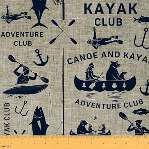 Erosebridal Camper Fabric by The Yard,Lake House Decor Upholstery Fabric for Chairs Sofa,Happy Camping Decor,Pike Fish Bear Boat Fishing Theme Cover