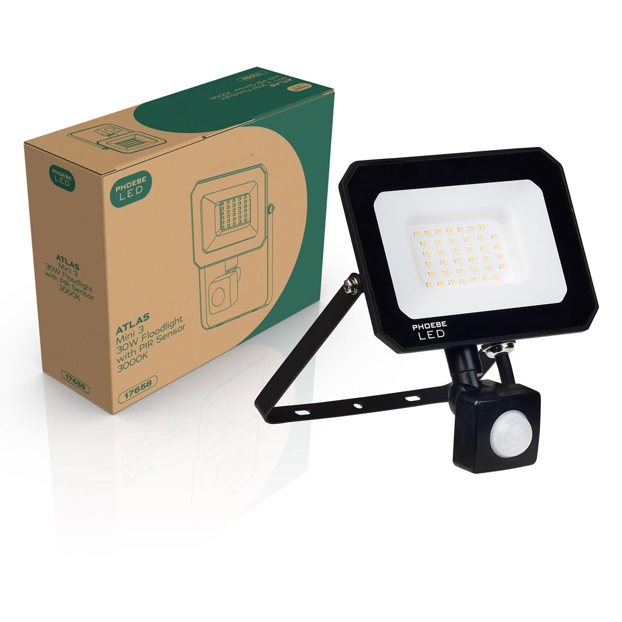 Phoebe Led Black Floodlight 30W Atlas-Mini Pir Sensor Warm White Ip65