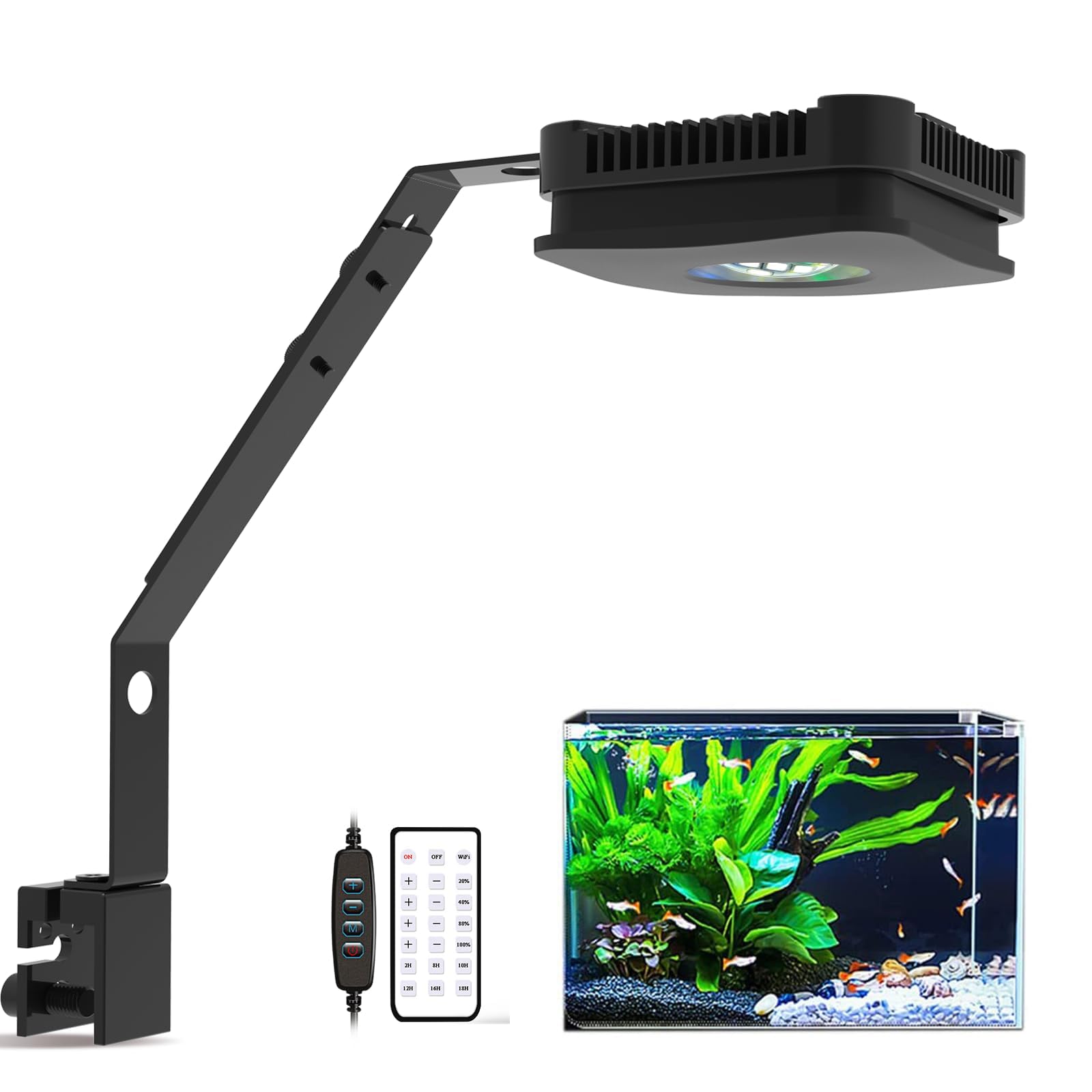 Lominie Full Spectrum LED Aquarium Light with 360° Gooseneck Clip on Fish Tank Light with Dimmable and Timer,Clip-On Marine Lighting for Coral Reef & Planted Tanks,CRI>93,Freshwater,Black-P30F