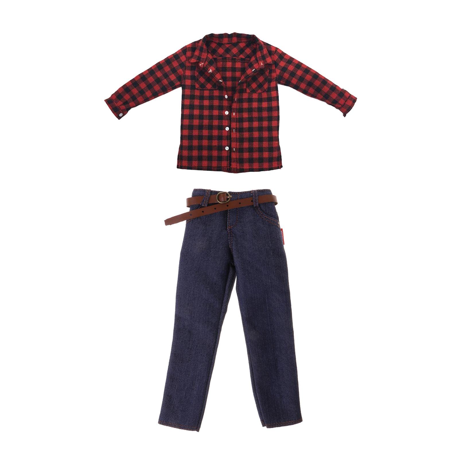 1/6 Scale Shirt and Jeans Set for 12 Inch Male Action Figure, Red Black Plaid Shirt with Blue Jeans, Doll Clothes Outfit