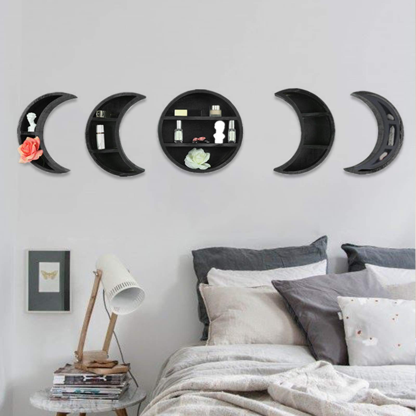 LOYALHEARTDY Black Moon Shelf, 5Pcs Moon Decor Wooden Display Shelf Moon Shaped Shelf for Crystals Suitable for Bedroom Living Room Bathroom