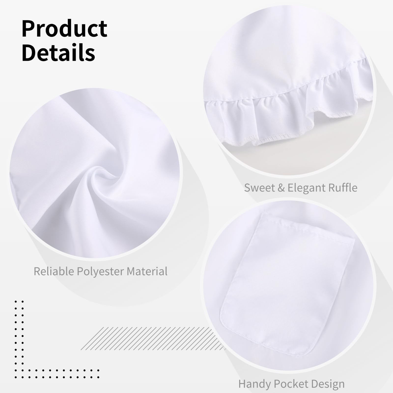 6 delantales blancos de poliéster con volantes, 26 x 16.5 pulgadas, lazos de 74 pulgadas, con bolsillos, delantal para mujer, para cocina y hospitalidad, disfraz de sirvienta de camarera