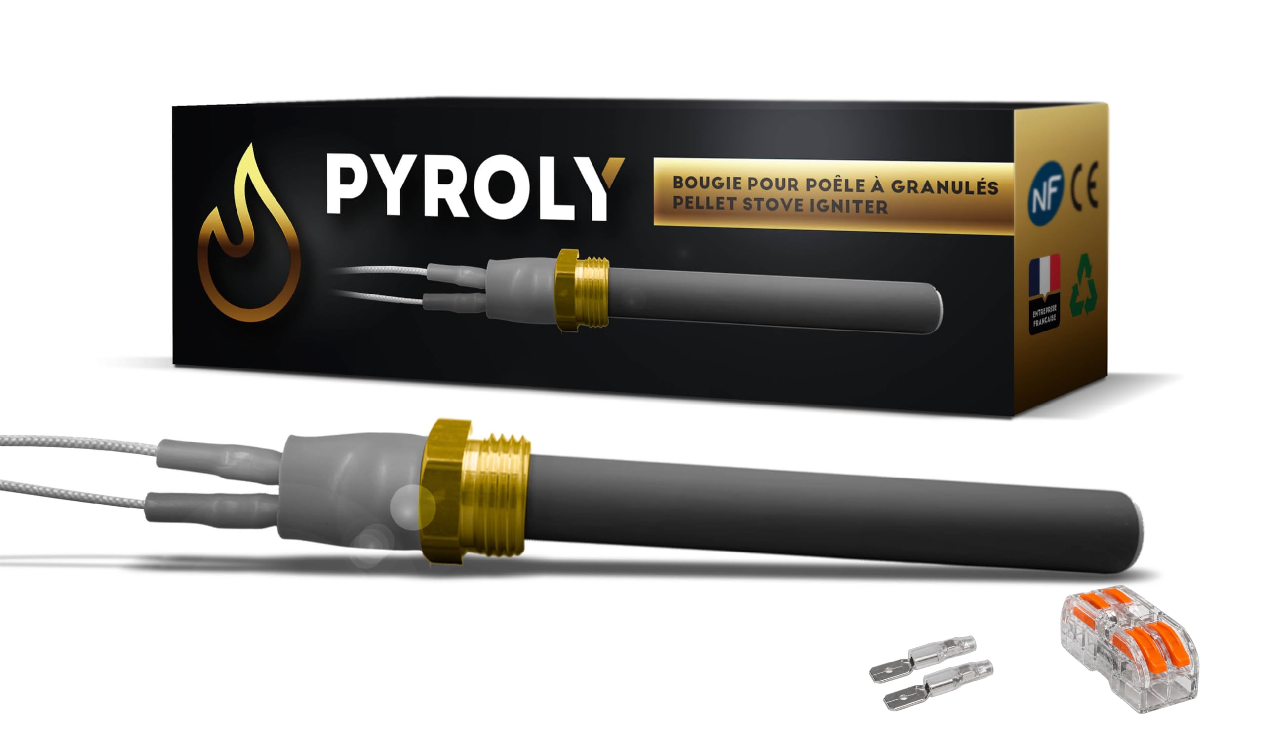 Bougie céramique d'allumage pour poêle à granulé compatible JOLLY MEC/SKIA/EXTRAFLAME/BESTOVE/DEVILLE/HAAS+SOHN - écrou 3/8-300W - Qualité supérieure avec connecteurs