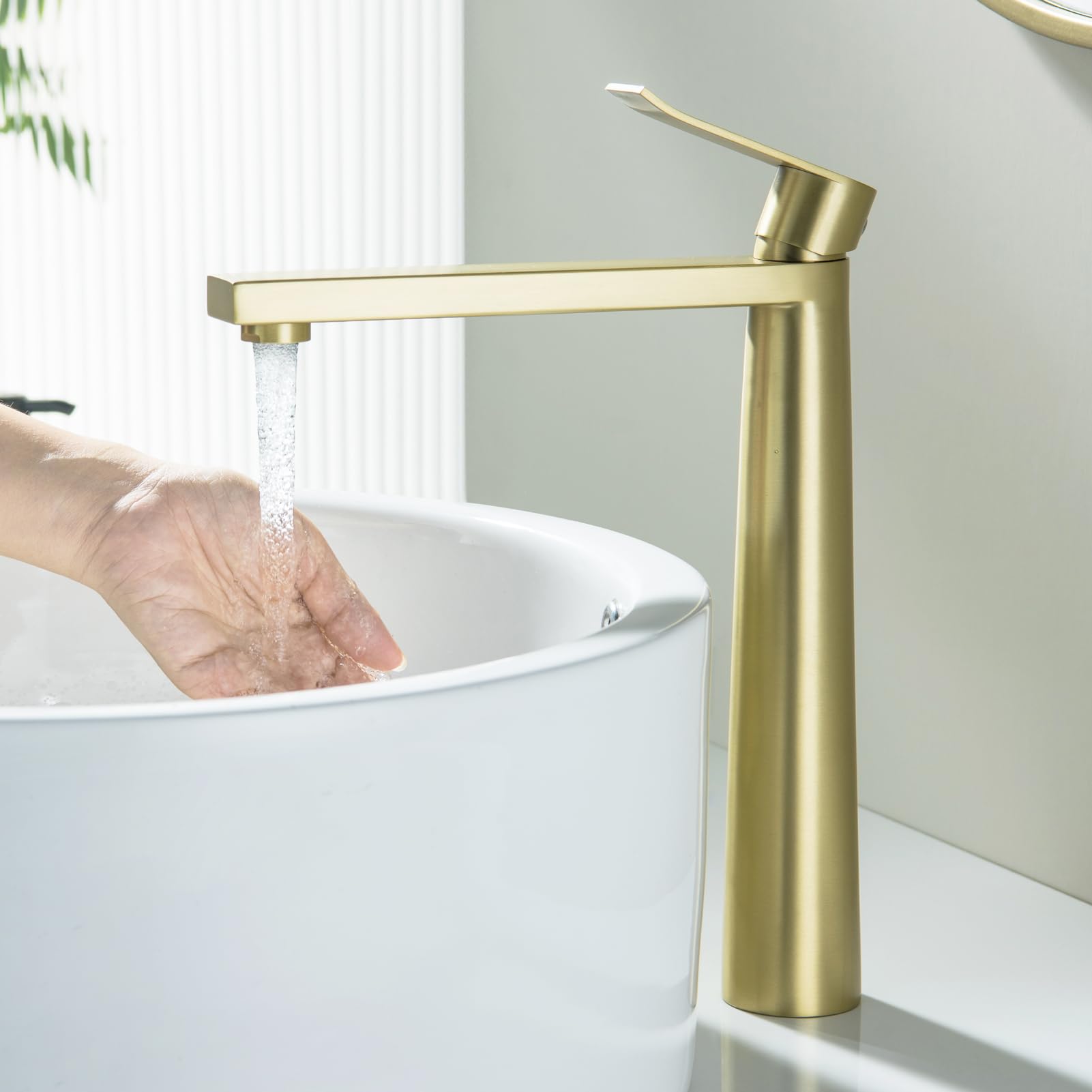 BAITUJIE Tall Basin Tap, Brushed Gold High Rise Bathroom Taps Tall Basin Sink Mixer Tap Single Handle Square Monobloc Taps