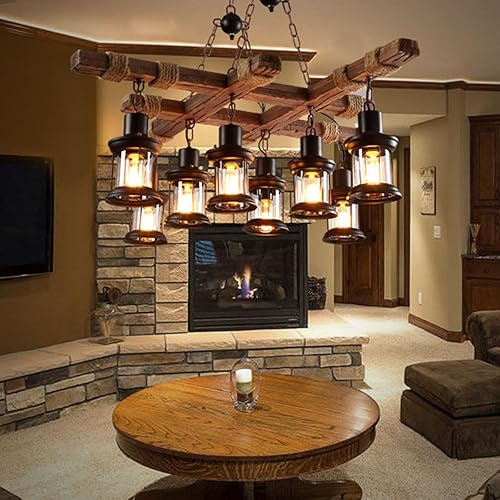Miniatura 2 de A Million 8 luces industriales retro de madera lámpara colgante isla colgante lámpara techo lámpara vintage granja madera cadena ajustable para el