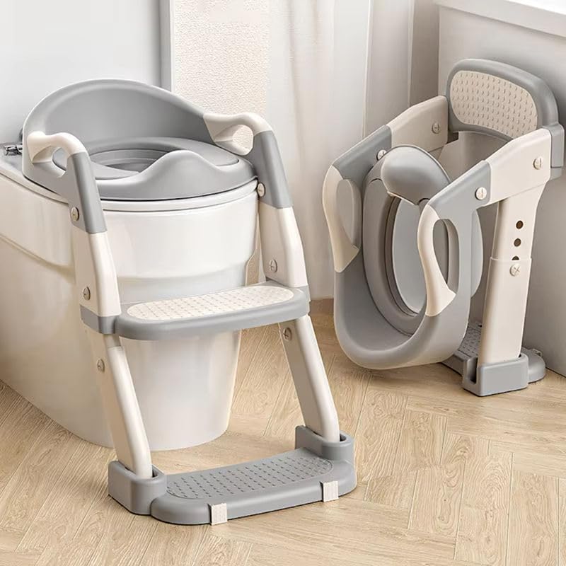 Image of Western Toilet Potty Seat For Kids, Baby Potty Training Seat Chair With Ladder, Adjustable Step Height, Cushion Seat | Kids Toilet Seat | Potty Seat For 1-8 Years Child Boys Girls (MNPL3 GREY)