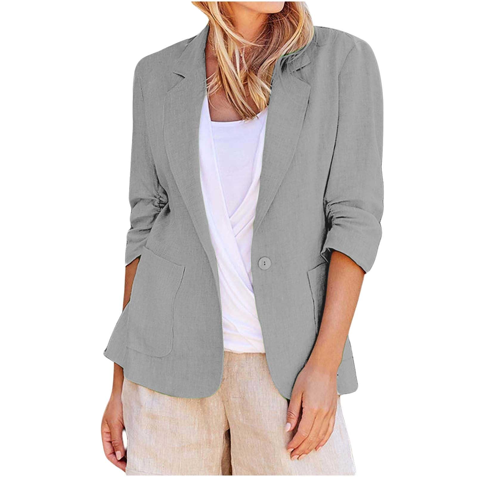 Womens 3 4 Sleeve Blazers Business Casual Cotton Linen Notch Lapel Suit Jackets Plus Size Work Office Blazer