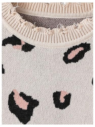 WDIRARA Girl's Leopard Print Sweater Distressed Crew Neck Long Sleeve Pullover Knitwear4