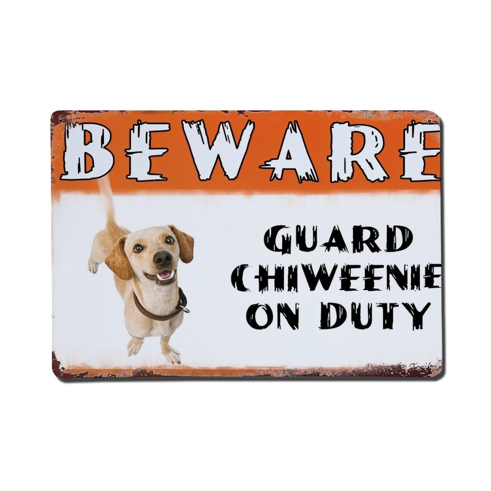 Beware Guard Chiweenie On Duty Metal Tin Sign Plaque