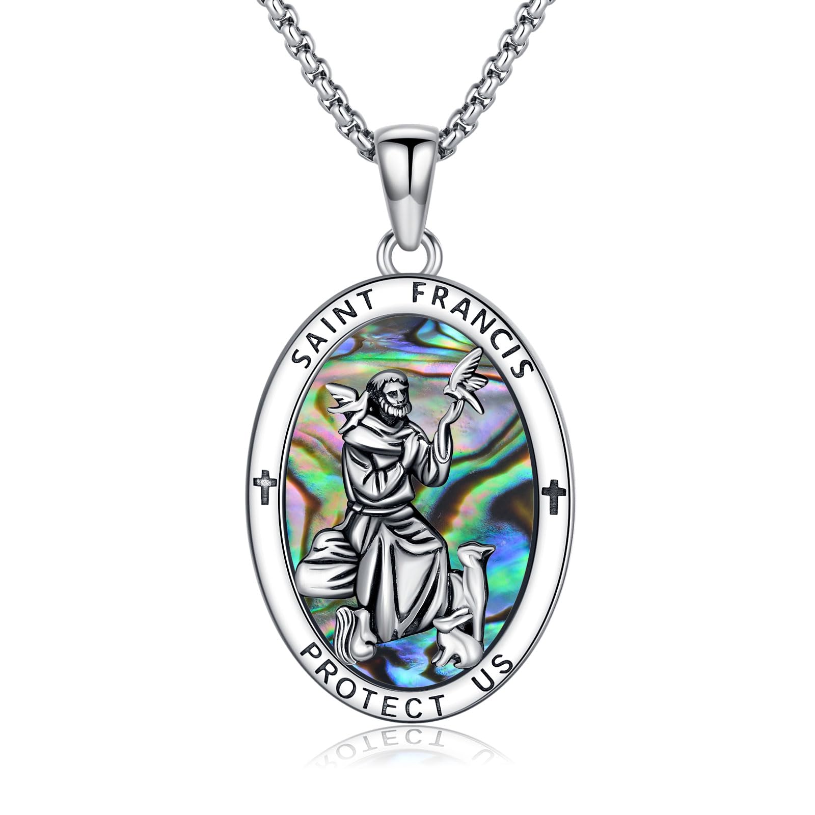 PROESSSaint Patrick/Francis/George/Archangel Gabriel/Holy Family Necklace 925 Sterling Silver Abalone Shell Protector Medal Pendant Catholic Jewelry for Women Men