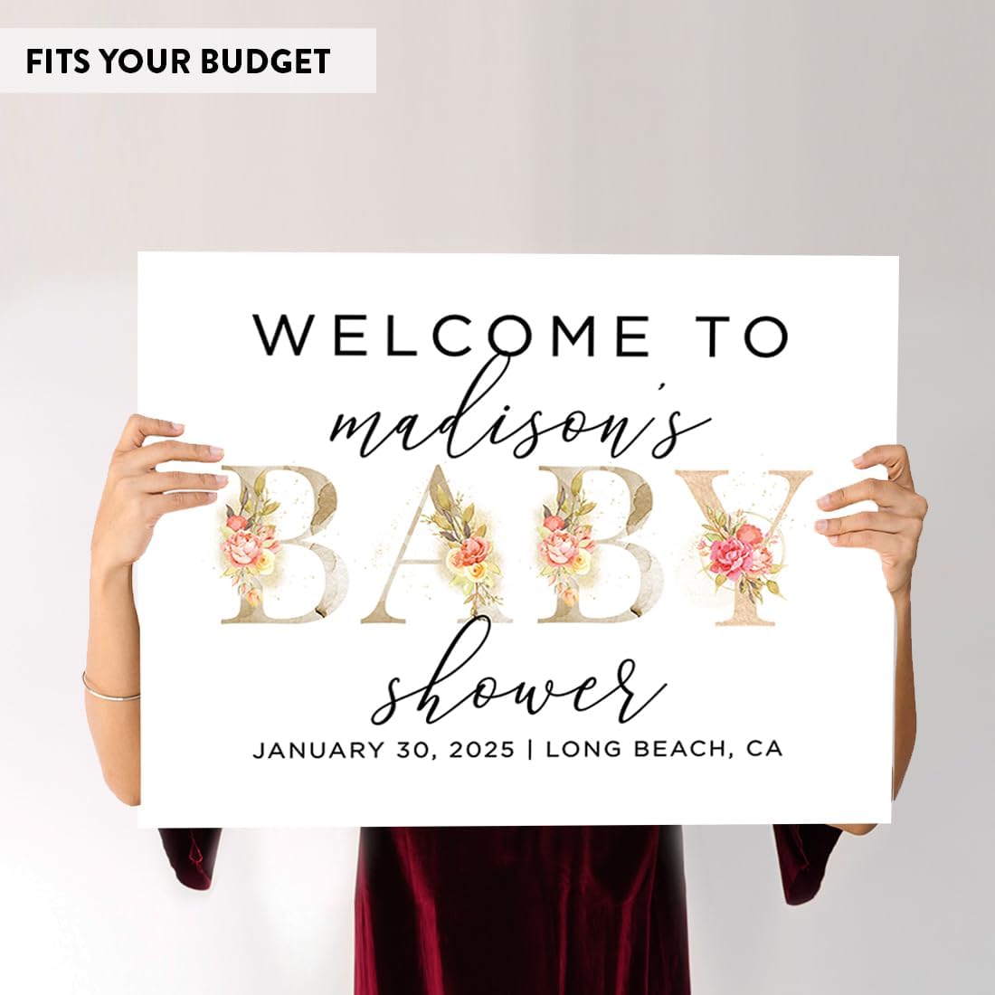 Andaz Press Personalized Large Canvas Baby Shower Welcome Sign, 16 x 20 Inches, Floral Baby, Guestbook Alternative, Custom Baby Shower Sign, for Floral Baby Shower, Baby Sprinkle