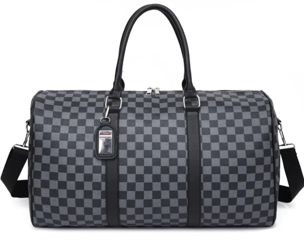Genérico Bolso de Viaje Portátil de Gran Capacidad, con Cierre de Cremallera, Estilo Cuadros, para Gimnasio, Deportes y Uso Diario (NEGRO) (GRIS)