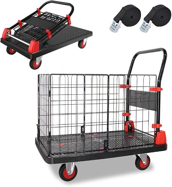 Platform Truck Cart with Cage, 36 x 24 in Flatbed Cart with Cage and 2PCS Strap to Secure The Item 660LBS Capacity Push Cart Dolly with 5 Inch Swivel Caster Easy to Move, Foldable and Portable