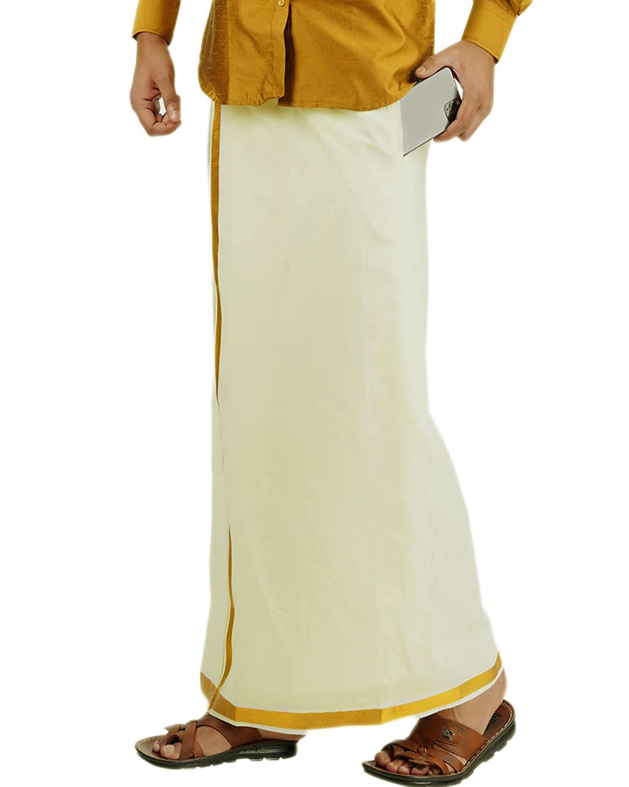 Prakasam Cotton Mens Vip Cream Colour Gold Border Flexi Size Welcro Pocket Dhoti (Vip-Cream) -Small