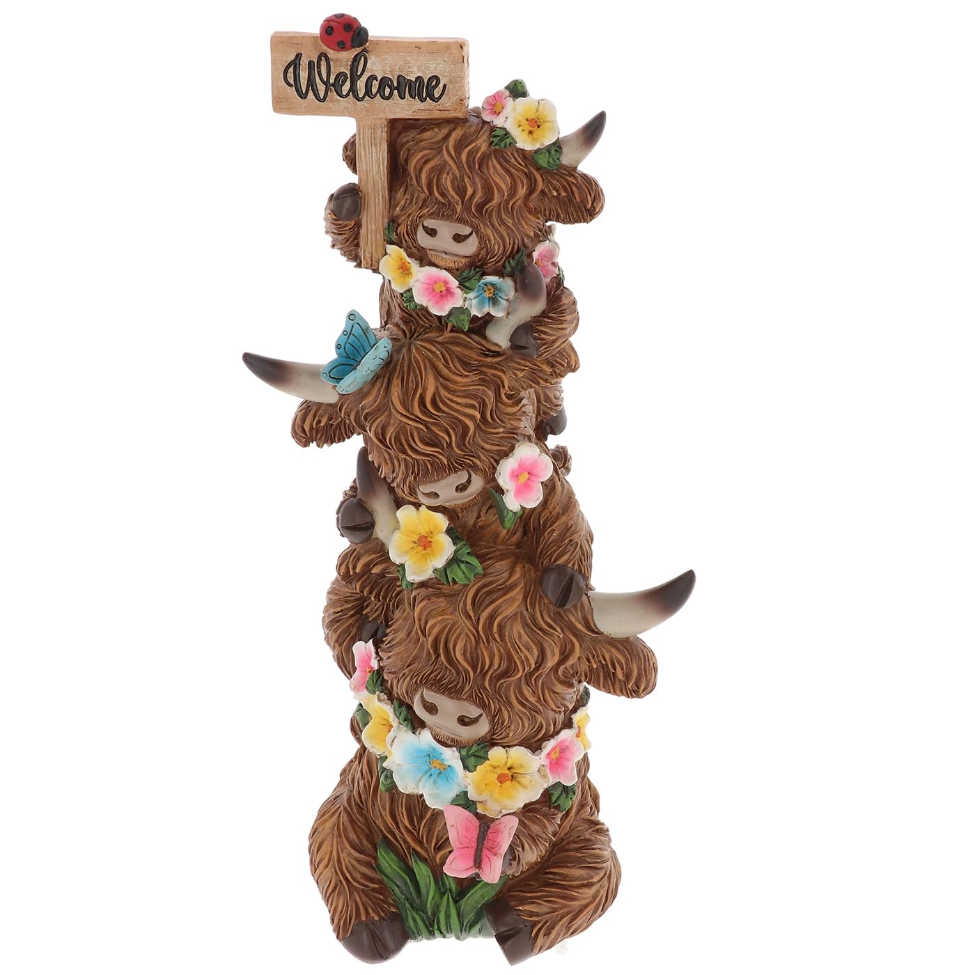 Shudehill Giftware Multicolor Garden Bloom Coo Trio Totem Highland Cow Ornament Decorative Figurine Outdoor Garden Decoration