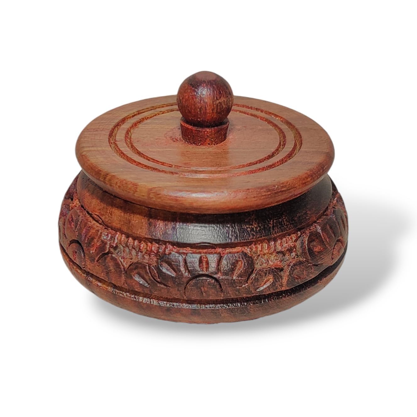 Ayra Crafts Sheesham Wood Round Hand Carved Sindoor Box (Brown, Standard Size) - Set of 2