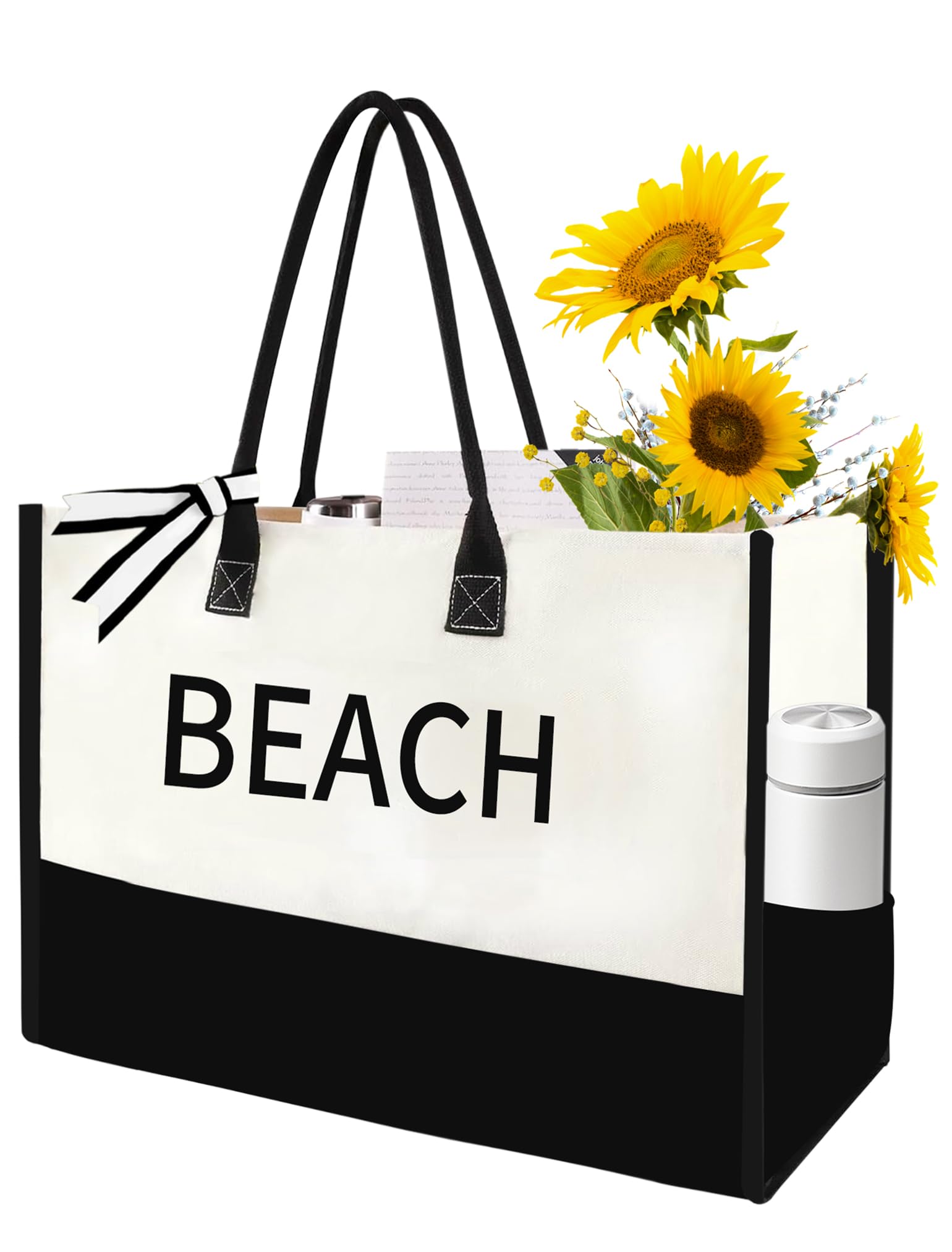 GenovegaExtra Large Initial Canvas Beach Bag Lightweight Foldable Beach Accessories Vacation Must Have.