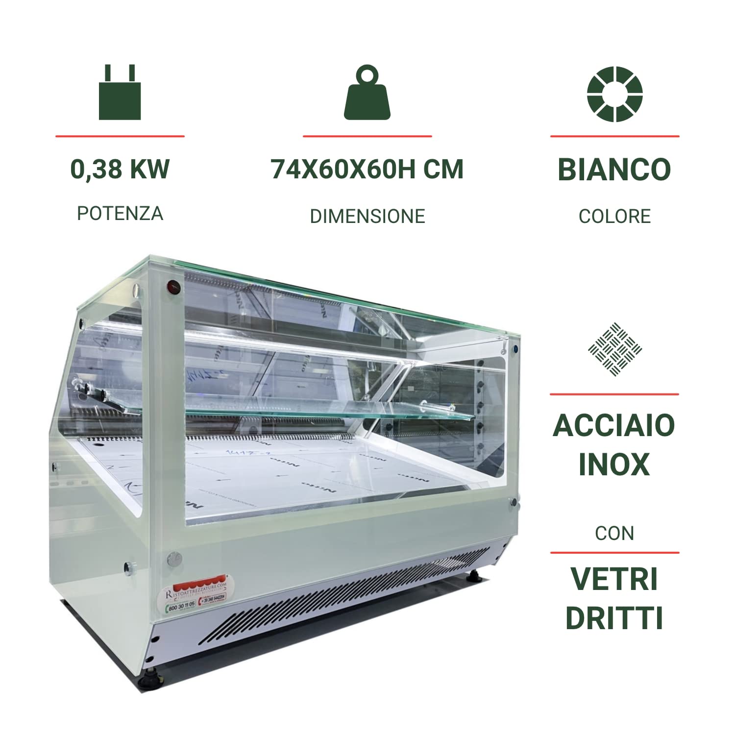 RISTOATTREZZATURE - Vetrina frigo 74x60x60h cm refrigerata da banco a due piani bianca con vetri dritti motore incorporato e piano liscio