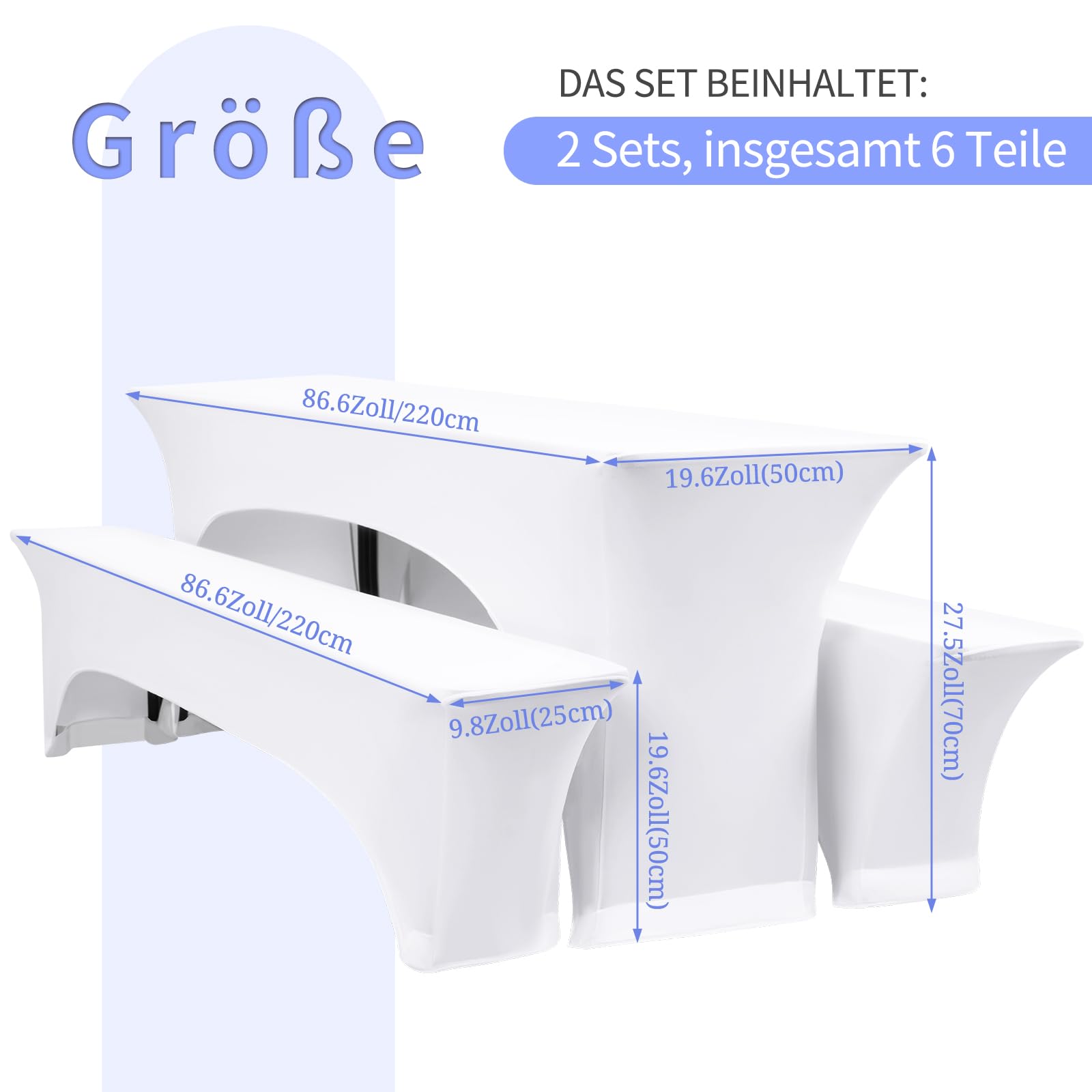 YMHPRIDE Due set di 3 copritavoli da birra elastici, copribanchi da birra elastici bianchi e tovaglie, larghezza tavolo 50 cm, per coperture per mobili da giardino per banchetti.