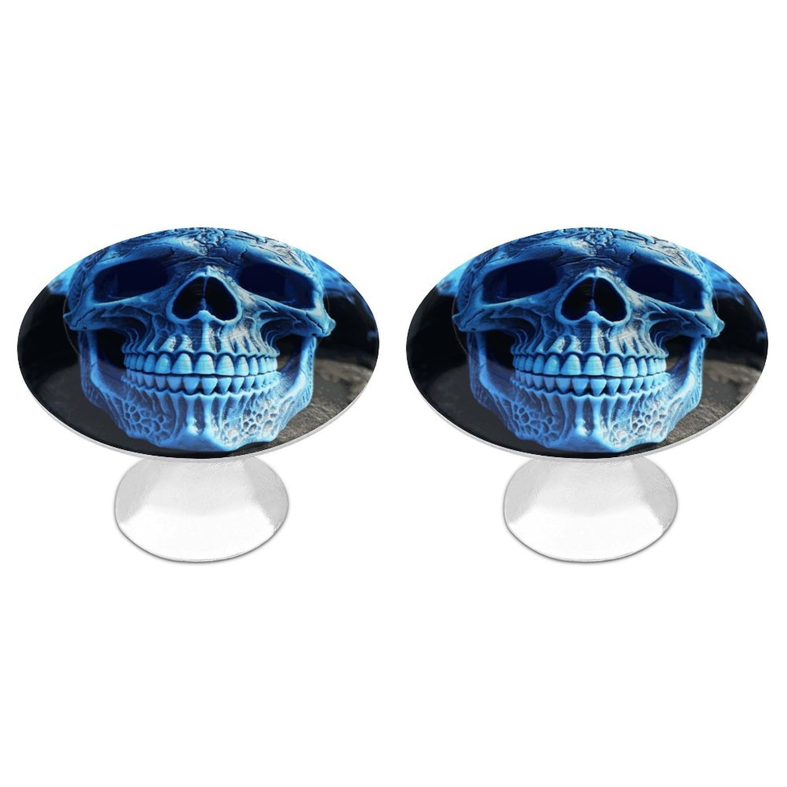 DWVTSLH 3D Print Blue Skull Cabinet Handles 2 Pack Stainless Steel Kitchen Drawer Pulls with Installation Screws Round Dresser Drawer Knobs 1.1 Inch Modern Cabinet Hardware Door Handles