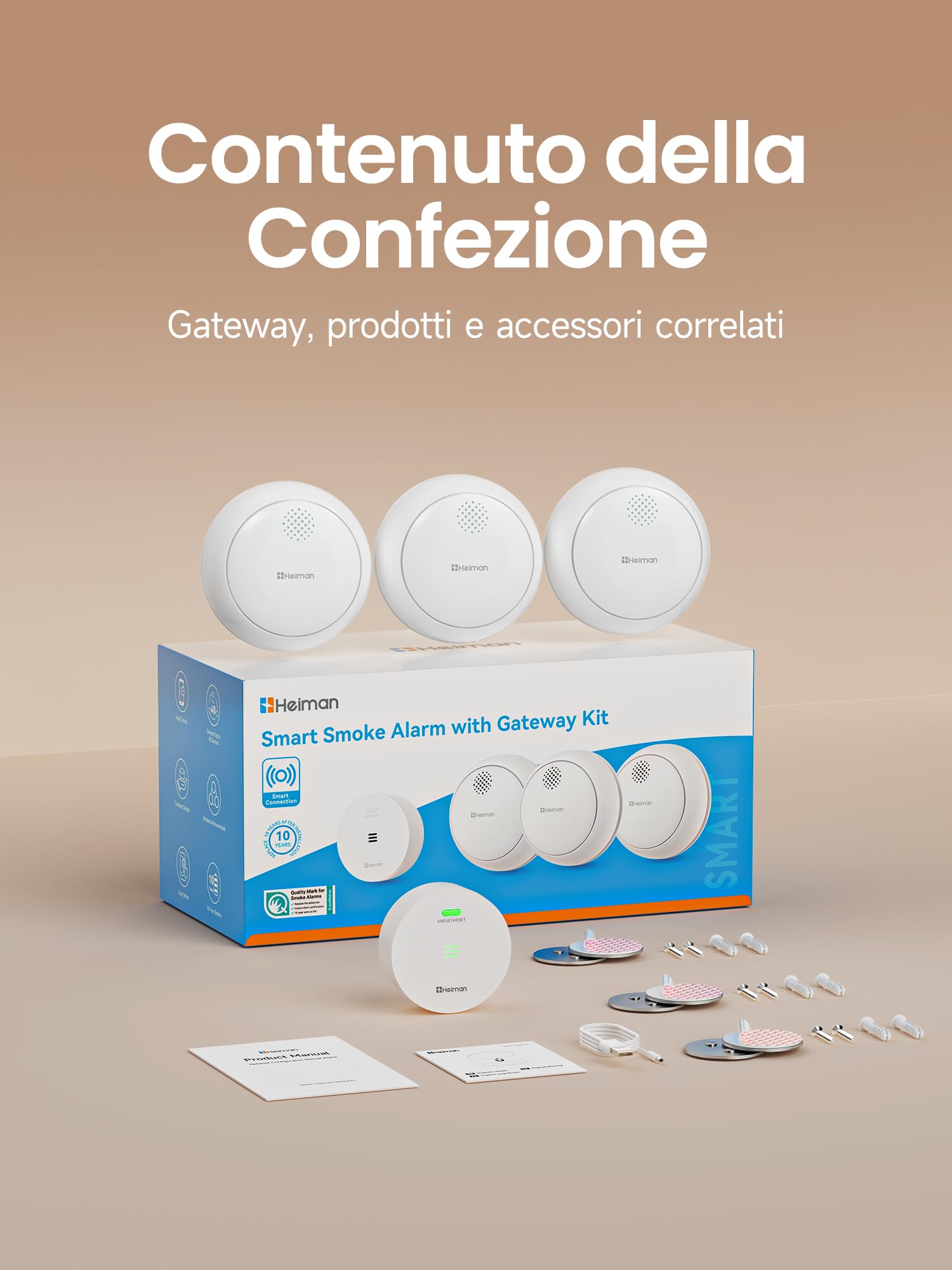 Heiman Rilevatore di Fumo Smart – Set da 3 con Gateway e Controllo tramite App, Batteria 10 Anni, Q-Label e EN 14604, Rilevatori di Fumo Wireless Interconnessi con Supporto Magnetico, Bianco