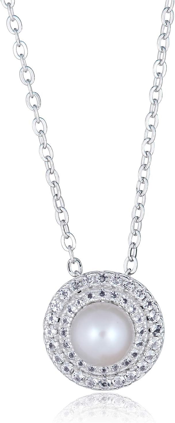 AVORA 925 Sterling Silver Simulated Diamond CZ and 6.5mm Freshwater Pearl Pendant Necklace with 18" Chain (16" + 2" Extender)