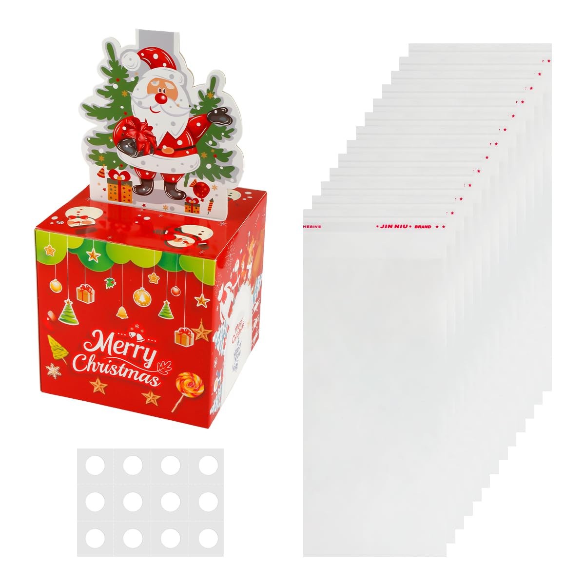 Lotsdonxia Multicolor Christmas Money Box Pull Surprise Gift - Diy Santa Claus Cash Cake With 50 Transparent Bags & Xmas Card For Kids Adults, Festive Money Holder For Holiday Parties And Birthday Presents