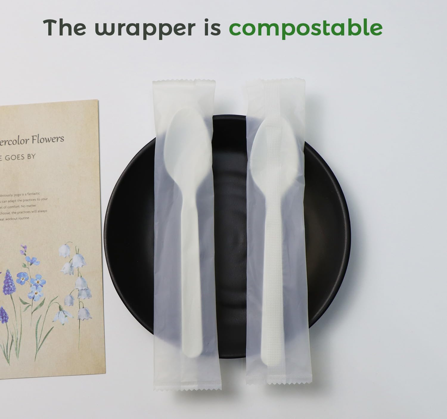GreenWorks 500 cucharas compostables resistentes de 7 pulgadas, cucharas envueltas individualmente certificadas BPI con envoltura compostable, alternativa a los cubiertos de plástico