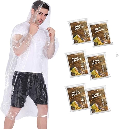 Ponchos de lluvia con capucha con cordón (paquete de 6 niños + 4 adultos) desechables de emergencia paquete familiar, transparente