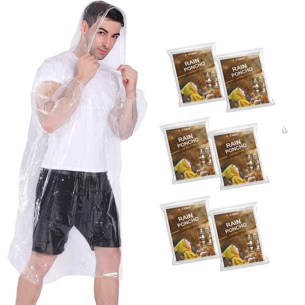 COOYRain Ponchos with Drawstring Hood （6 Pack Kids+4 Pack Adults） Emergency Disposable Rain Ponchos Family Pack,Clear
