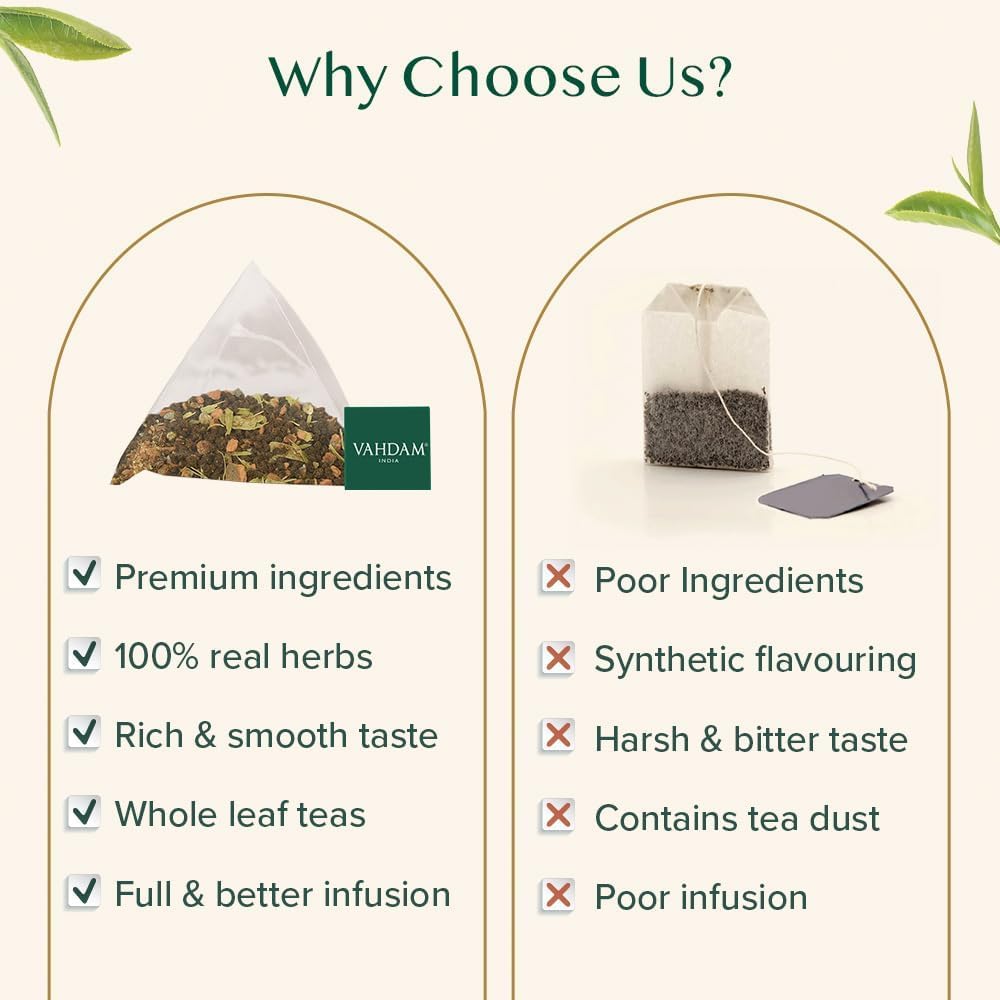 VAHDAM Té Chai de Canela Dulce | 100 Bolsitas Piramidales | Mezcla de Té Negro Assam con Canela y Cardamomo | Sabor Chai Especiado | Sellado al Vacío para Frescura