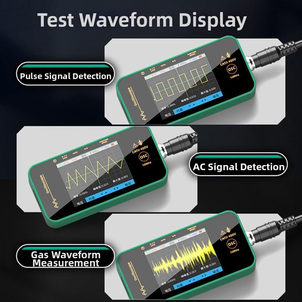 Tragbares digitales Oszilloskop, 10 MHz, 48 MSa/s, Abtastrate 8,1 cm, TFT-Display, 1200 mAh Akku, für Auto-Audio-Elektronik-Diagnose, Grün