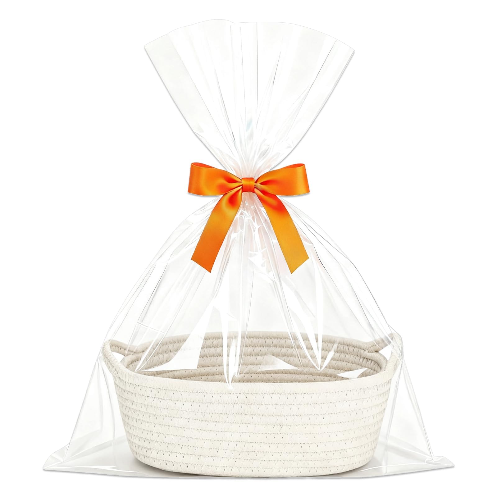 White Cottons Rope Woven Gift Baskets with Cellophane Bags and Pull Bows