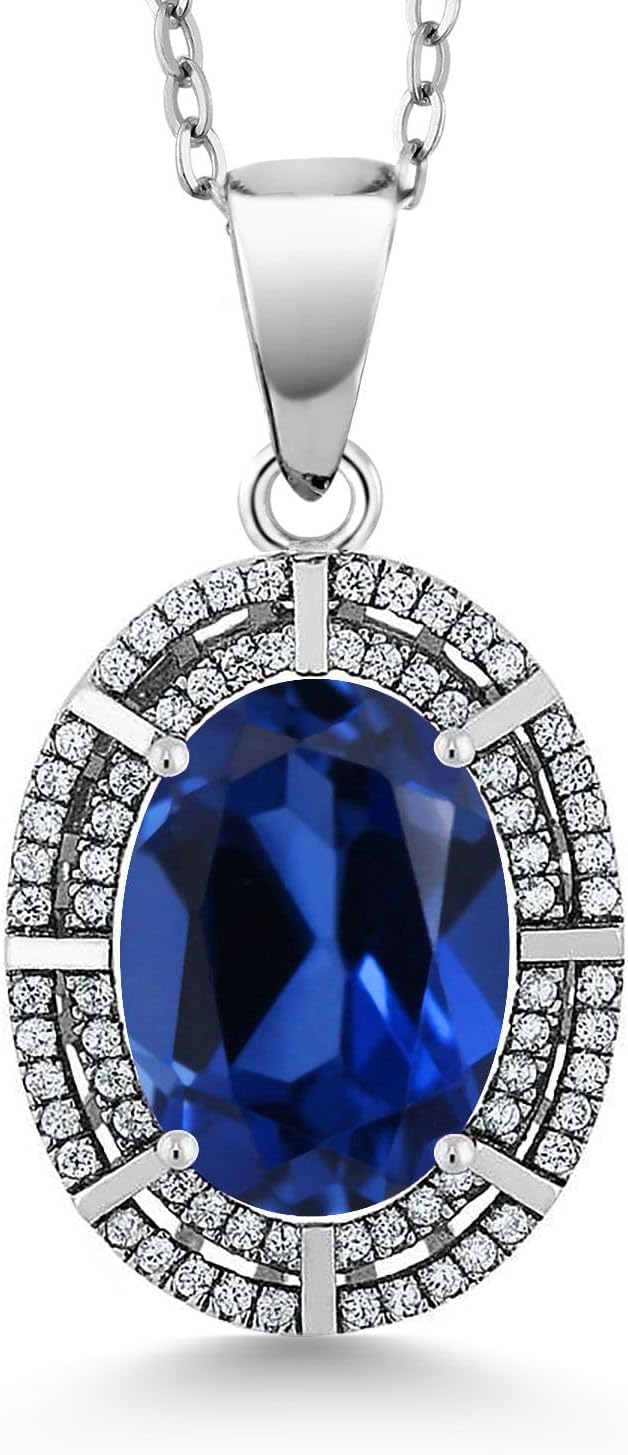 Gem Stone King 5-10 Cttw Two Row Halo Pendant Necklace for Women | 925 Sterling Silver | 14X10MM Oval Gemstone Birthstone | With 18 Inch Silver Chain | Fine Jewelry Gifts for Her Mom Women Wife