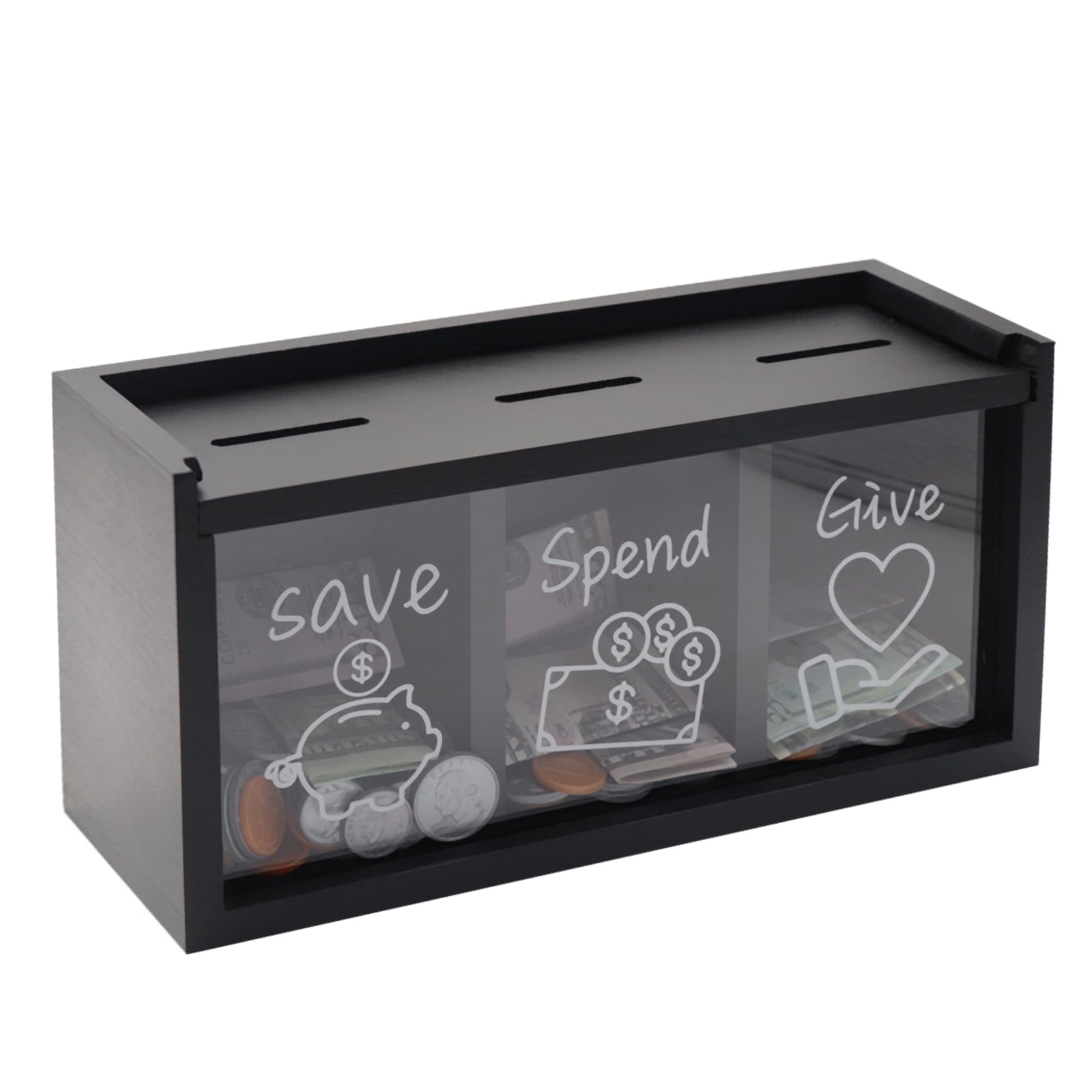 Mczxon Spend Save Give Piggy Bank for Kids, Money Coin Savings Piggy Bank Jar Box for Kids Child Safe Money Saver, Teach Children About Giving & Saving Money Piggy Box for Childrens Boys Girls, Black