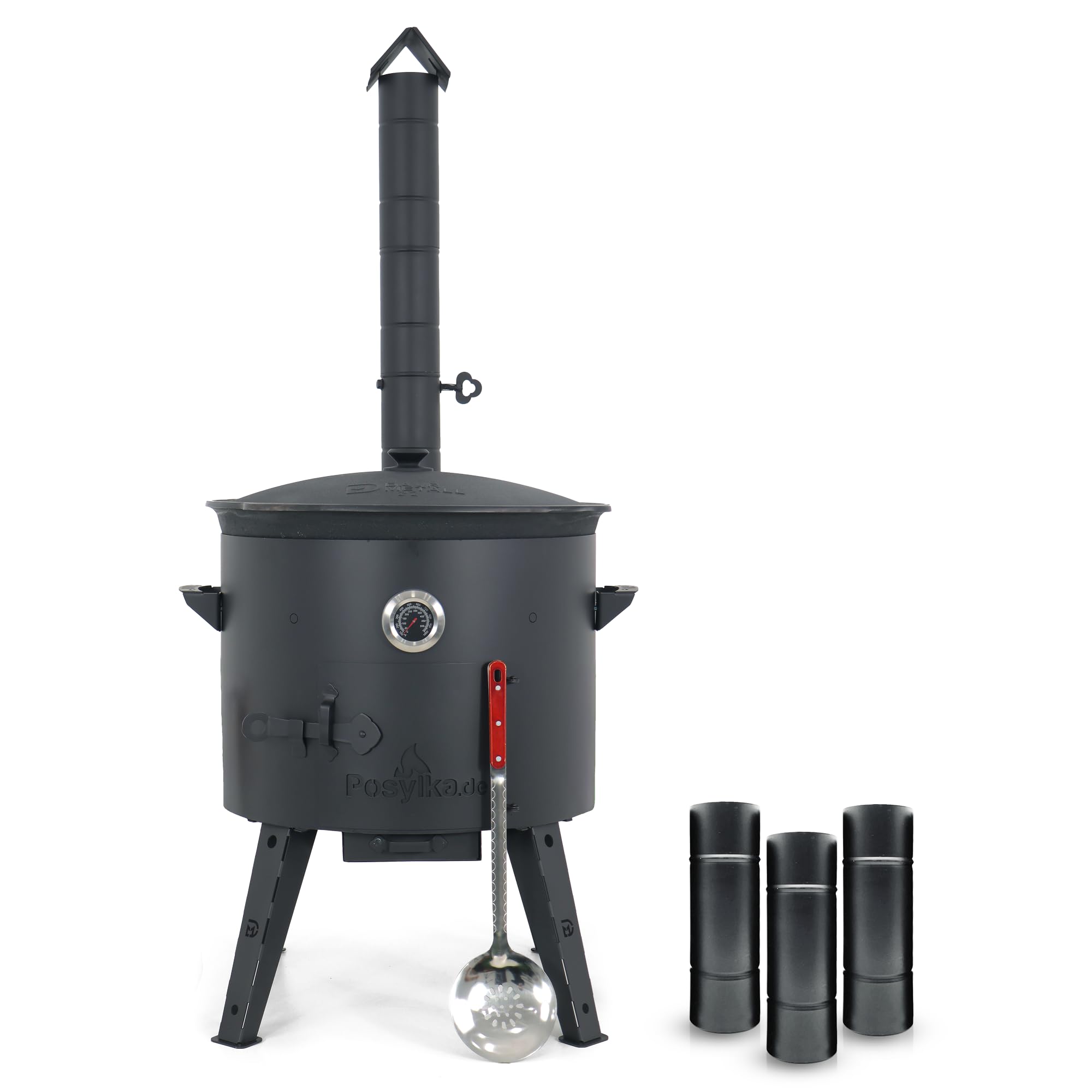 Utschak Feuerofen Ø 49 cm & Gusseisen-Kasan 22 L | Kazan-Set mit Deckel | Usbekischer Kochtopf für Grill & Plov | Flacher oder Runder Boden Wählbar