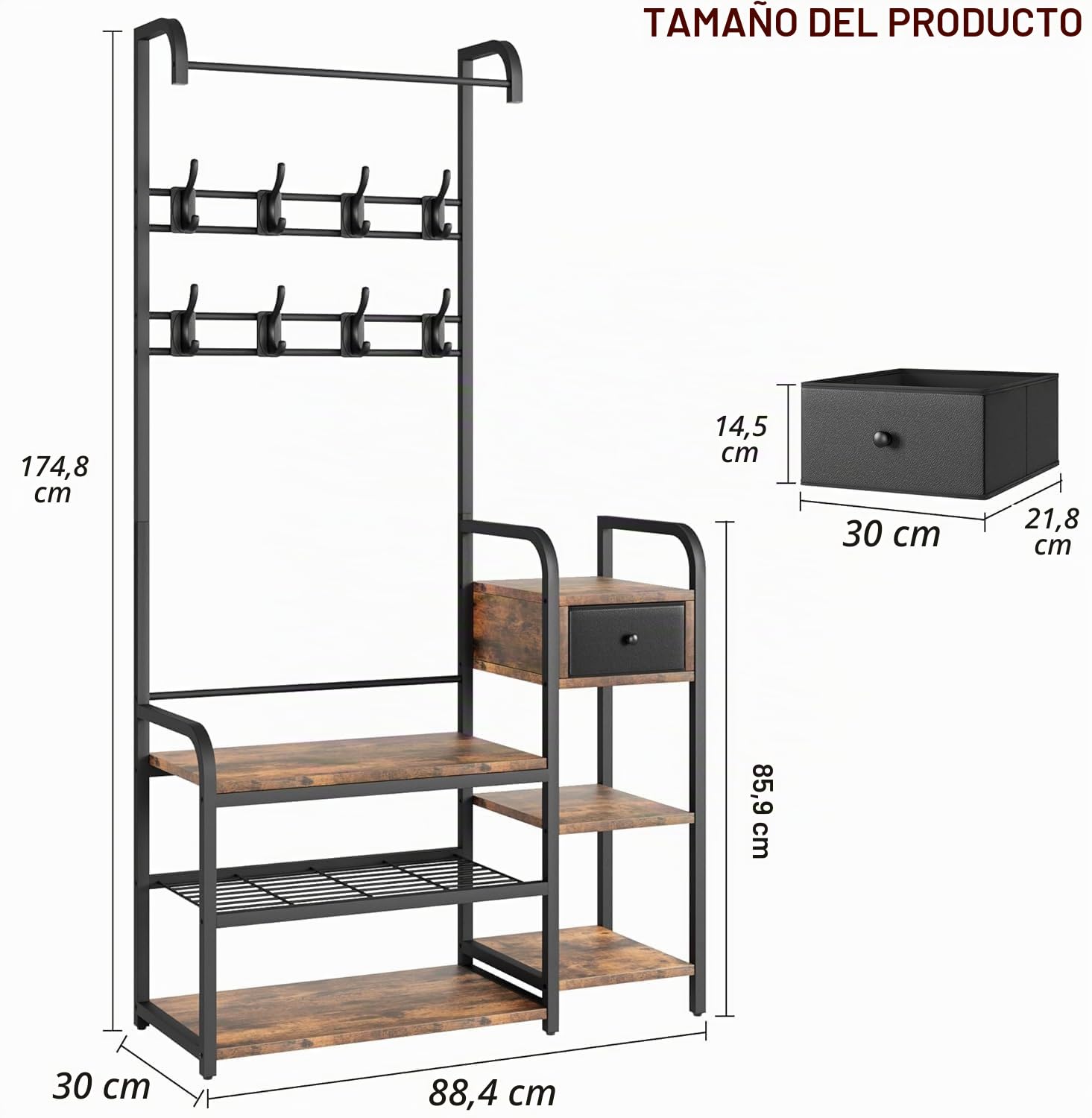 Garvee Banco zapatero 5 en 1 para recibidor, con 8 ganchos resistentes, estilo industrial con cajón, perchero para apartamento y dormitorio, color marrón
