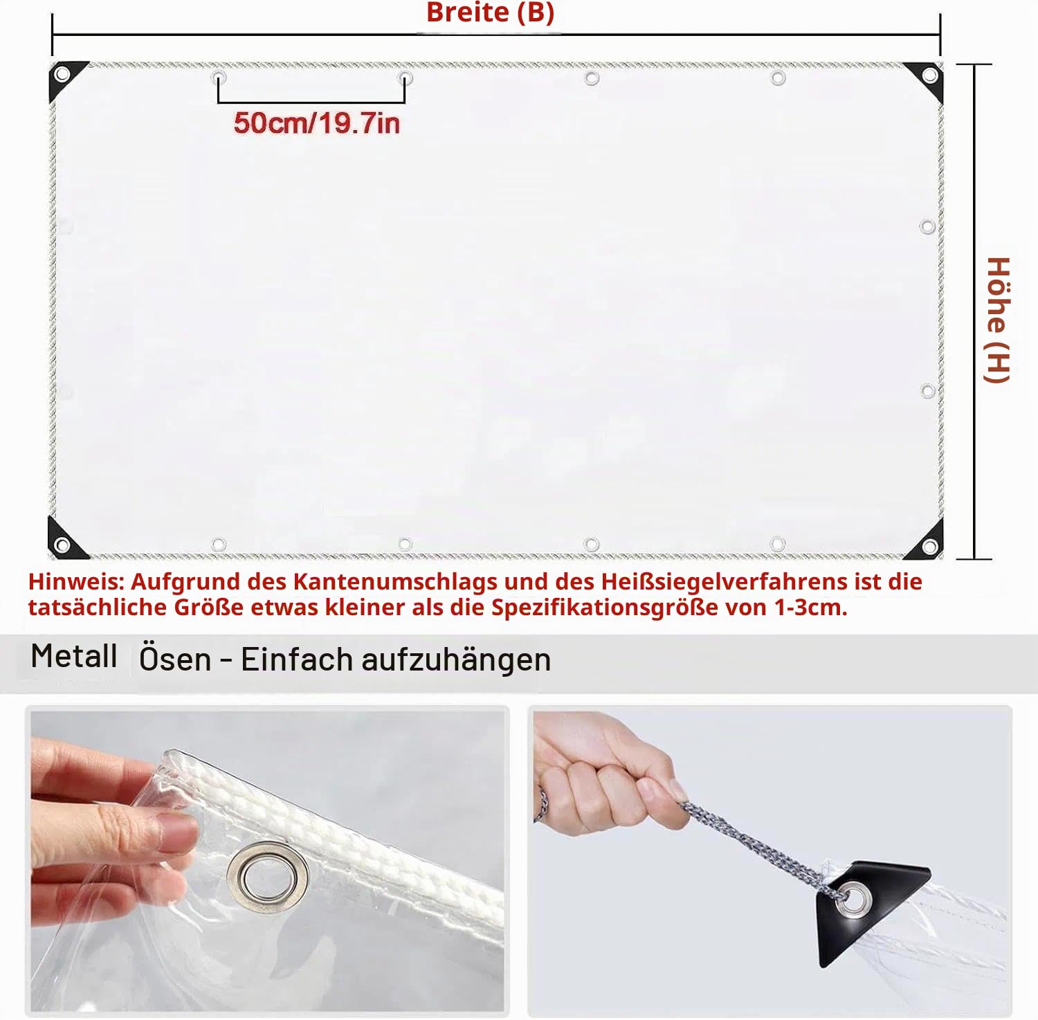 Transparente PVC Plane mit Ösen, 450 g/m² wasserdichte Klarsichtplane, 16 Mil Abdeckplane für Terrasse, Balkon und Pavillon(2 * 3M)