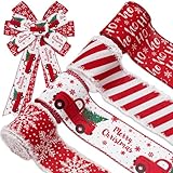 AnyDesign 24 Yards Christmas Wired Edge Ribbon Red White Xmas Snowflake Truck Fabric Craft Ribbon for Wreath Bow Making Gift Wrapping, 4 Roll