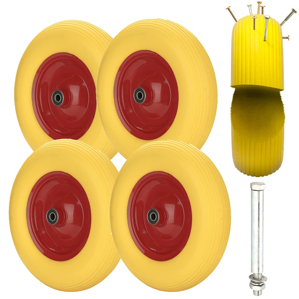 4 ruedas de carretilla 4.80 4.00-8 de goma maciza con eje, rueda de goma, resistente a pinchazos, rueda de repuesto, llanta de acero, neumáticos amarillos y rojos, para carros de jardín