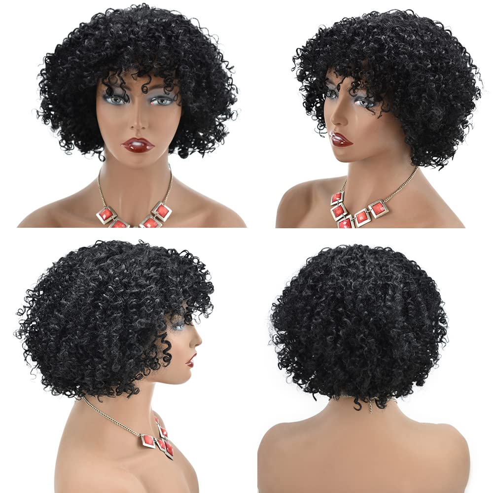 LYRICAL HAIR Afro Kinky Curly Short Human Hair Wigs for Black Women with Bangs African American Machine Made None Lace Front Glueless Wig Brazilian Natural 150% Density (OLIVIA-10 Inch Hair Length, 1# Jet Black)