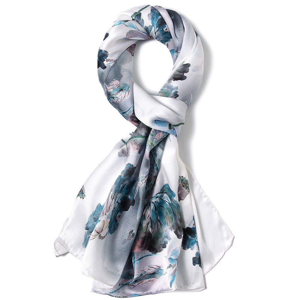 STORY OF SHANGHAI Sciarpa di 100% Seta Charmeuse da Donna Foulard a Raso con Fantasie Orientale, 56x177cm