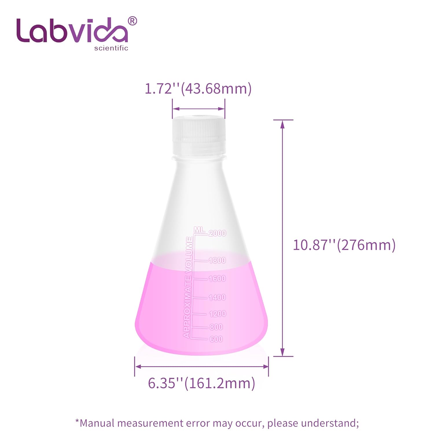 Plastic Erlenmeyer Flask Set with Screw Cap - 2000ml Molded Graduations - 1 PC, LVAH007