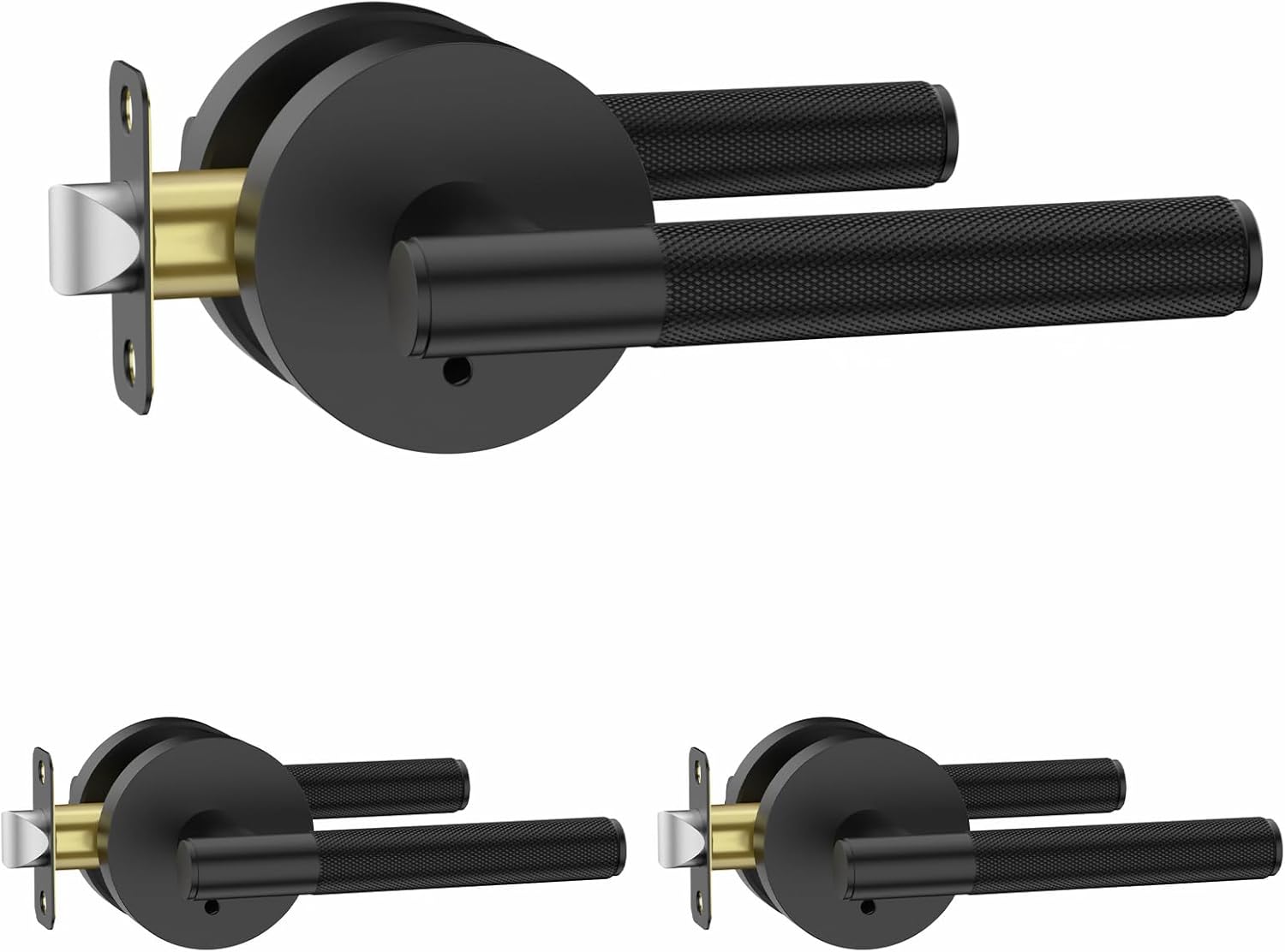 Amerdeco 3 Pack Matte Black Door Handles Interior, Knurled Privacy Door Handles with Lock,Heavy Duty Black Door Lever for Bedroom or Bathroom,Reversible Keyless for Left Right Handed Doors Privacy 3 Pack Matte Black