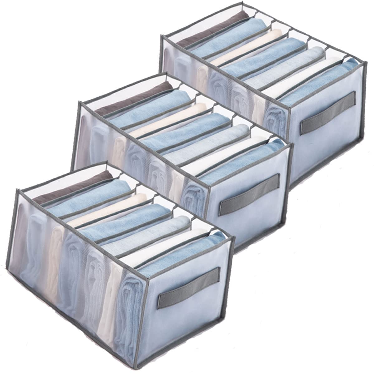 ZAYMDO Wardrobe Clothes Organizer, 3Pcs Foldable Closet Organizer Portable Mesh Storage Box, Washable Drawer Organiser for Storage Clothes, T-shirt, Legging, Skirts, Jeans (7 Grid)