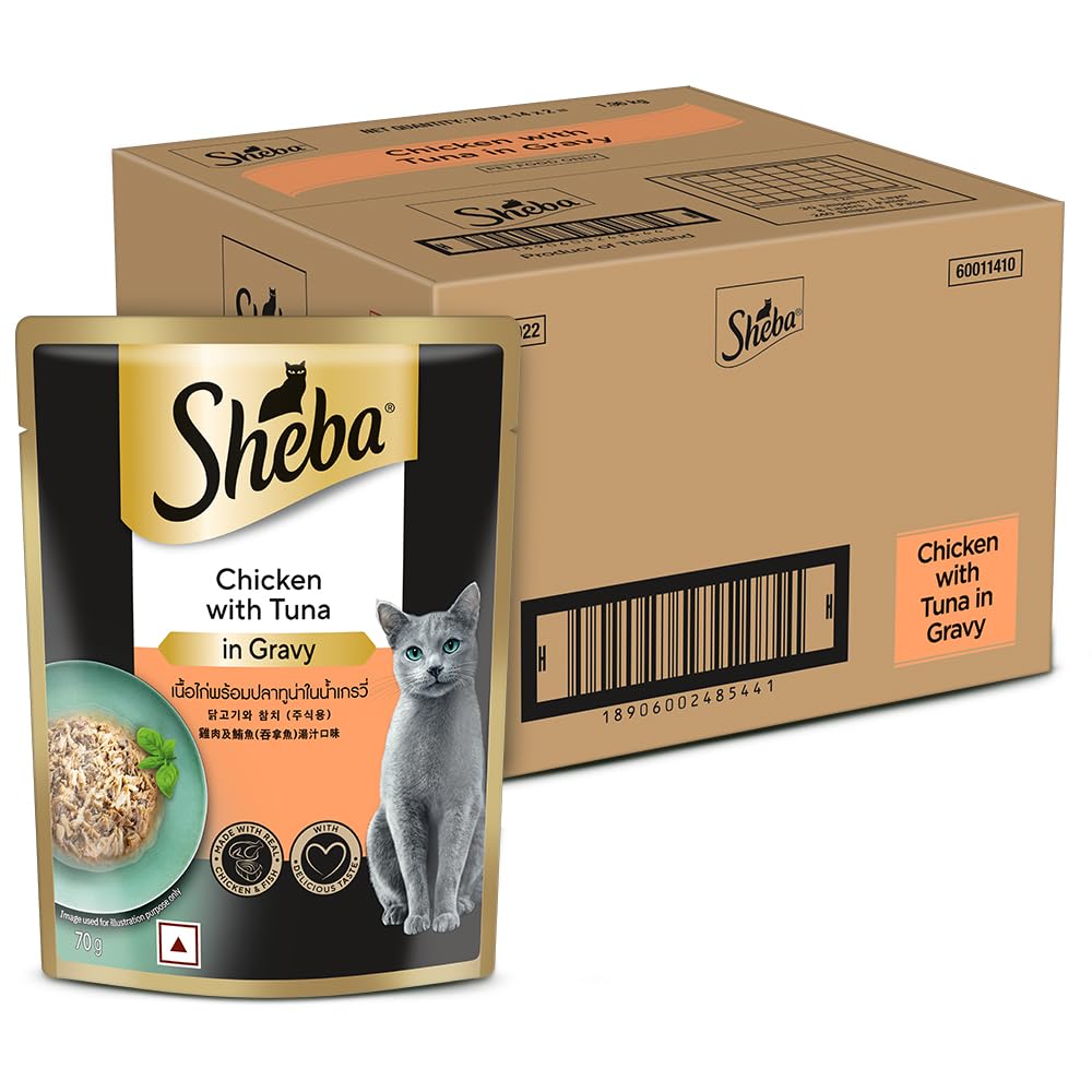 Sheba Fine Premium Adult (1+ Years) Wet Cat Food, Chicken with Tuna in Gravy, 70 g Pouch (Pack of 24), High-moisture gravy cat food for healthy hydration