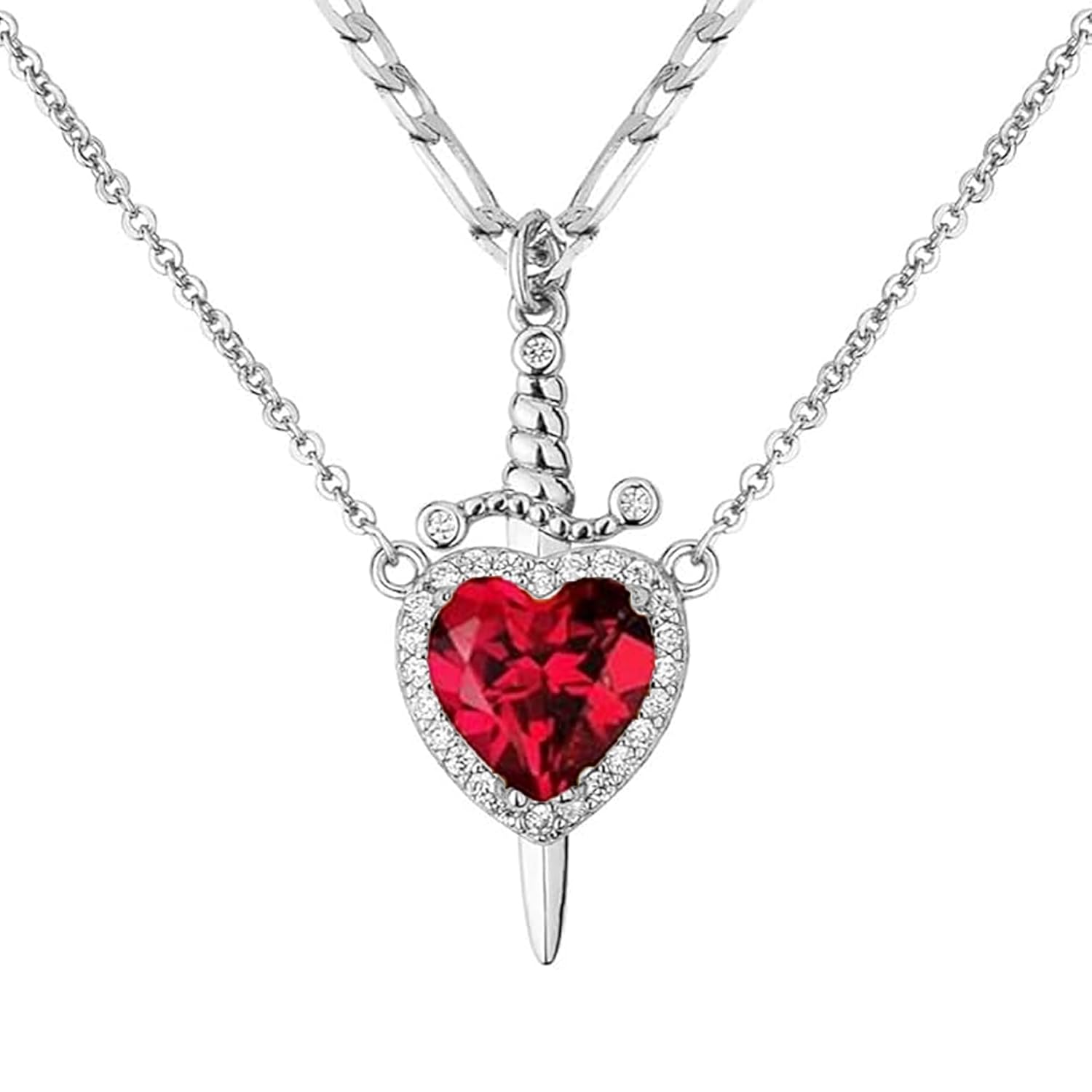 Kidology Heart Sword Necklace Set for Couples | Silver Stainless Steel Layered Pendant Necklace | Sword Through Heart Design with Cuban & Water Ripple Chains, Valentine Day Jewelry Gift for Him & Her